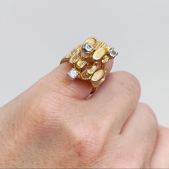 Vintage 18K HGE CZ Abstract Nugget Brutalist Ring Sz 5 Cocktail Statement Ring - Picture 5 of 13